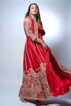 Buy_PUNIT BALANA_Red Satin Silk Embroidery Rani Sa Gul Marodi And Work Long Jacket With Anarkali _at_Aza_Fashions