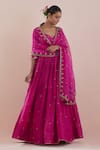 Buy_Ikshita Choudhary_Magenta Anarkali Chanderi Embroidery Sequin Leaf Neck Zardozi With Dupatta _at_Aza_Fashions