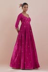 Ikshita Choudhary_Magenta Anarkali Chanderi Embroidery Sequin Leaf Neck Zardozi With Dupatta _Online_at_Aza_Fashions