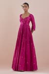 Buy_Ikshita Choudhary_Magenta Anarkali Chanderi Embroidery Sequin Leaf Neck Zardozi With Dupatta _Online_at_Aza_Fashions