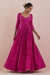 Shop_Ikshita Choudhary_Magenta Anarkali Chanderi Embroidery Sequin Leaf Neck Zardozi With Dupatta _at_Aza_Fashions