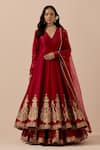 Buy_Ikshita Choudhary_Red Anarkali And Skirt Pure Chanderi Embroidery Zari Thread Paisley Border Set _at_Aza_Fashions