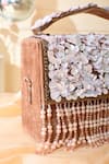 La Fiza_Brown Sequin Pearl Cascade Bloom Embellished Clutch Bag _Online_at_Aza_Fashions