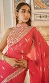 Shop_LASHKARAA_Pink Viscose Organza Embroidery Zari Round High Neck Bead Saree With Blouse _Online_at_Aza_Fashions