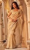 Buy_LASHKARAA_Gold Saree Net Embroidery Zari Square Neck Pre-draped With Blouse _at_Aza_Fashions