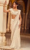 Buy_LASHKARAA_White Saree Brocade Woven Floral Butta Leaf Neck With Blouse _at_Aza_Fashions