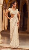 Buy_LASHKARAA_White Saree Brocade Woven Floral Butta Leaf Neck With Blouse _Online_at_Aza_Fashions