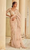 Buy_LASHKARAA_Beige Viscose Organza Embroidery Gota Patti V Neck Saree With Blouse _at_Aza_Fashions