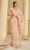 Buy_LASHKARAA_Beige Viscose Organza Embroidery Gota Patti V Neck Saree With Blouse _Online_at_Aza_Fashions