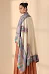Shop_Dusala_White Auklet Handwoven Kalamkari Border Shawl _at_Aza_Fashions