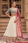 Buy_LASHKARAA_Red Blouse Organza Woven Diamond V Neck Lehenga Set _at_Aza_Fashions