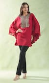 Buy_NAMRATA JOSHIPURA_Red Embellished Crystals Round Neck Flower Bloom Yoke Tunic _at_Aza_Fashions