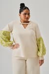 Buy_neetiandmudita_Ivory Italian Crepe Embroidery Pearl V Neck Moonstone Foliage Top _at_Aza_Fashions