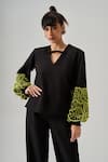 Buy_neetiandmudita_Black Italian Crepe Embroidery Pearl V Neck Moonstone Foliage Top _at_Aza_Fashions