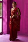 Shop_FIVE POINT FIVE_Maroon Maheshwari Woven Stripe Heena Detailed Saree With Running Blouse Piece _Online_at_Aza_Fashions