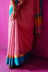 Shop_FIVE POINT FIVE_Pink Maheshwari Woven Stripe Indira Detailed Saree With Running Blouse Piece _Online_at_Aza_Fashions