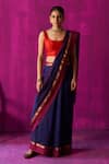 Buy_FIVE POINT FIVE_Blue Maheshwari Woven Uma Color Blocked Pallu Saree With Running Blouse Piece _at_Aza_Fashions