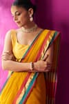 Buy_FIVE POINT FIVE_Yellow Maheshwari Chitra Color Block Detailed Saree With Running Blouse Piece _Online_at_Aza_Fashions