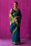 Buy_FIVE POINT FIVE_Blue Maheshwari Woven Chitra Color Block Pallu Saree With Running Blouse Piece _Online_at_Aza_Fashions