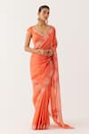 Buy_Devnaagri_Orange Silk Satin Embroidery Cutdana Hexagon Floral Saree With Blouse _at_Aza_Fashions