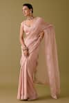 Devnaagri_Pink Silk Satin Embroidery Cutdana Hexagon Floral Border Saree With Blouse _Online_at_Aza_Fashions