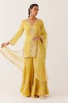 Buy_Devnaagri_Yellow Silk Satin Embroidery Dori V Neck Kurta Sharara Set _at_Aza_Fashions