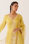 Devnaagri_Yellow Silk Satin Embroidery Dori V Neck Kurta Sharara Set _Online_at_Aza_Fashions