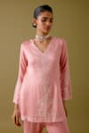 Buy_Devnaagri_Pink Silk Satin Embroidery Dori V Neck Kurta Set _Online_at_Aza_Fashions