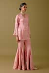 Devnaagri_Pink Silk Satin Embroidery Dori V Neck Kurta Set _at_Aza_Fashions