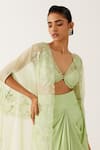 Buy_Devnaagri_Green Silk Satin Embroidery Dori Open Bloom And Sequin Cape & Draped Skirt Set _Online_at_Aza_Fashions