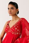 Buy_Devnaagri_Red Silk Satin Embroidery Dori Leaf Neck Fiore And Sequin Aliya Cut Anarkali Set 