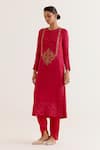 Buy_Devnaagri_Pink Silk Satin Embroidery Dori Round Neck Gul And Sequin Kurta & Dhoti Pant Set _Online_at_Aza_Fashions