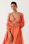 Buy_Devnaagri_Orange Silk Satin Embroidery Dori Deep V Damask Bloom And Sequin Lehenga Set _Online_at_Aza_Fashions