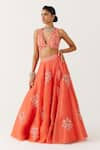 Shop_Devnaagri_Orange Silk Satin Embroidery Dori Deep V Damask Bloom And Sequin Lehenga Set _at_Aza_Fashions