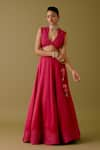 Buy_Devnaagri_Pink Silk Satin Embroidery Dori V Neck Florence Bloom Lehenga Set _Online_at_Aza_Fashions