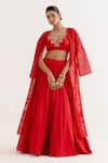 Buy_Devnaagri_Red Silk Satin Embroidery Dori Sweetheart Neck Lily Bloom Jacket Lehenga Set _at_Aza_Fashions