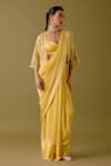 Devnaagri_Yellow Silk Satin Embroidery Glittery Striped Border Saree And Crop Jacket Set _Online_at_Aza_Fashions