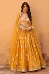 Buy_Chamee and Palak_Yellow Raw Silk Embroidered Glass Bead Zest Floral Jamewar Pleated Lehenga Set _at_Aza_Fashions