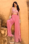 Chamee and Palak_Pink Georgette Embroidered Zardosi Sweetheart Bandhani Cape Pant Set _Online_at_Aza_Fashions