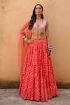 Buy_Chamee and Palak_Orange Georgette Printed Bandhani V Neck Lehenga Set _at_Aza_Fashions