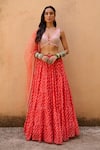 Chamee and Palak_Orange Georgette Printed Bandhani V Neck Lehenga Set _Online_at_Aza_Fashions