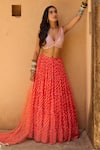 Buy_Chamee and Palak_Orange Georgette Printed Bandhani V Neck Lehenga Set 