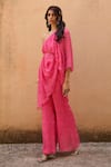 Chamee and Palak_Pink Georgette Printed Bandhani One-shoulder Jaipur Tunic And Pant Set _at_Aza_Fashions