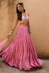 Shop_Chamee and Palak_Pink Georgette Printed Bandhani V Neck Embroidered Lehenga Set _Online_at_Aza_Fashions