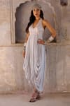 Chamee and Palak_Grey Georgette Embroidered Sequin V Neck Ivy And Glass Bead Cowl Dress _Online_at_Aza_Fashions