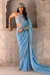 Buy_Chamee and Palak_Blue Georgette Embroidered Zardosi Halter Hazel Glass Bead Saree With Blouse _at_Aza_Fashions