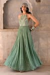 Buy_Chamee and Palak_Green Georgette Embroidered Zardosi Halter Ezra Pleated Gown _at_Aza_Fashions