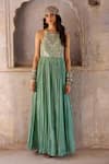 Shop_Chamee and Palak_Green Georgette Embroidered Zardosi Halter Ezra Pleated Gown _Online_at_Aza_Fashions