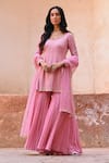 Buy_Chamee and Palak_Pink Crepe Embroidered Zardosi Round Grace Kurta Gharara Set _at_Aza_Fashions