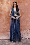 Buy_Chamee and Palak_Blue Georgette Embroidered Sequin Sweetheart Savli High Low Jacket Pant Set _at_Aza_Fashions